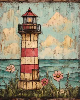 Folk Art Striped Lighthouse - Rustic Farmhouse Decor  8"x10" Artwork for 11"x14" Frame