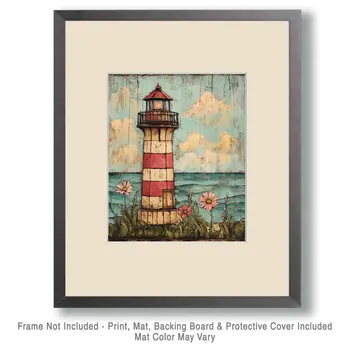 Folk Art Striped Lighthouse - Rustic Farmhouse Decor  8"x10" Artwork for 11"x14" Frame