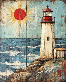 Folk Art Lighthouse on Sunny Day - Rustic Farmhouse Decor  8"x10" Artwork for 11"x14" Frame