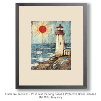 Folk Art Lighthouse on Sunny Day - Rustic Farmhouse Decor  8"x10" Artwork for 11"x14" Frame