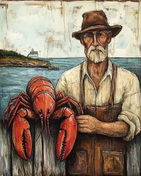 Folk Art Lobsterman - Rustic Farmhouse Decor  8"x10" Artwork for 11"x14" Frame