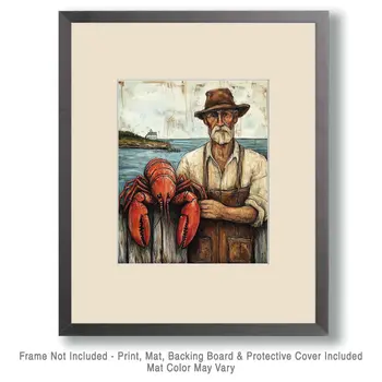 Folk Art Lobsterman - Rustic Farmhouse Decor  8"x10" Artwork for 11"x14" Frame