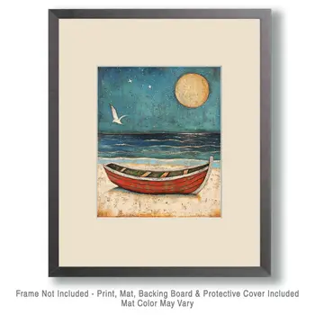 Folk Art Boat at Night - Rustic Farmhouse Decor  8"x10" Artwork - 11"x14" Mat