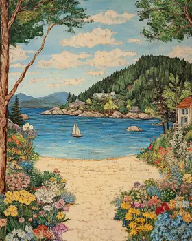 Folk Art Island Beach - Rustic Farmhouse Decor  8"x10" Artwork - 11"x14" Mat