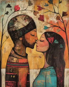 Folk Art Loving Couple - Rustic Farmhouse Decor  8"x10" Artwork for 11"x14" Frame