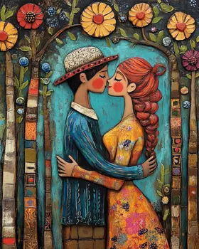 Folk Art First Kiss - Rustic Farmhouse Decor  8"x10" Artwork for 11"x14" Frame