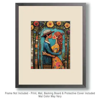Folk Art First Kiss - Rustic Farmhouse Decor  8"x10" Artwork for 11"x14" Frame