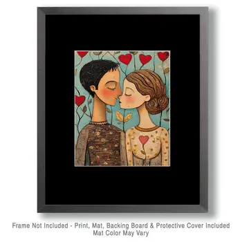 Folk Art Couple in Love - Rustic Farmhouse Decor  8"x10" Artwork for 11"x14" Frame