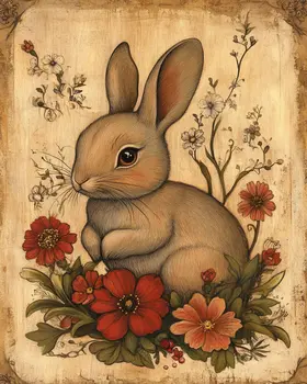 Folk Art Floral Baby Bunny - Rustic Farmhouse Decor  8"x10" Artwork for 11"x14" Frame