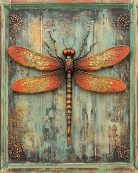 Folk Art Dragonfly - Rustic Farmhouse Decor  8"x10" Artwork for 11"x14" Frame