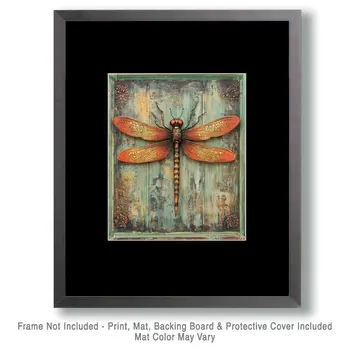 Folk Art Dragonfly - Rustic Farmhouse Decor  8"x10" Artwork for 11"x14" Frame