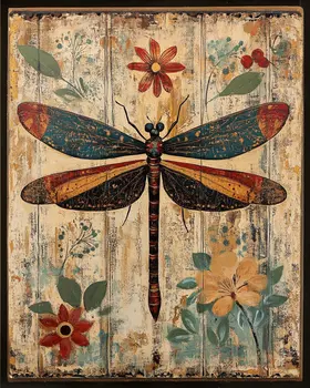 Folk Art Beautiful Dragonfly - Rustic Farmhouse Decor  8"x10" Artwork for 11"x14" Frame