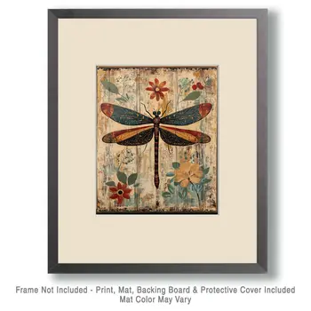 Folk Art Beautiful Dragonfly - Rustic Farmhouse Decor  8"x10" Artwork for 11"x14" Frame