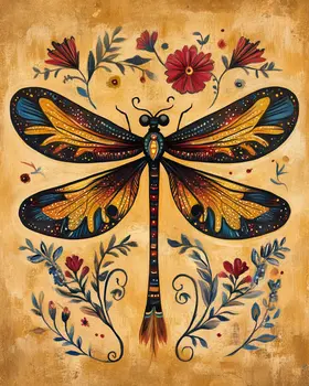 Folk Art Floral Dragonfly - Rustic Farmhouse Decor  8"x10" Artwork for 11"x14" Frame
