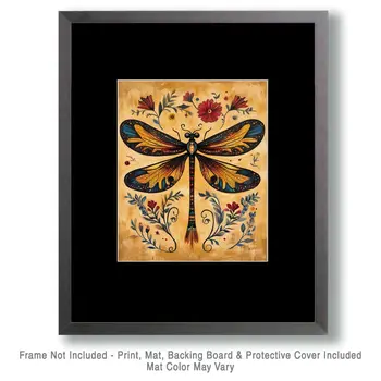 Folk Art Floral Dragonfly - Rustic Farmhouse Decor  8"x10" Artwork for 11"x14" Frame