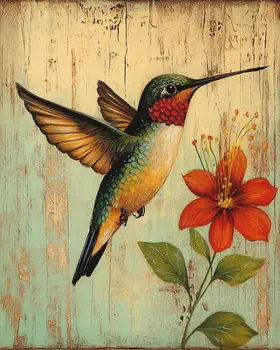 Folk Art Hummingbird - Rustic Farmhouse Decor  8"x10" Artwork for 11"x14" Frame