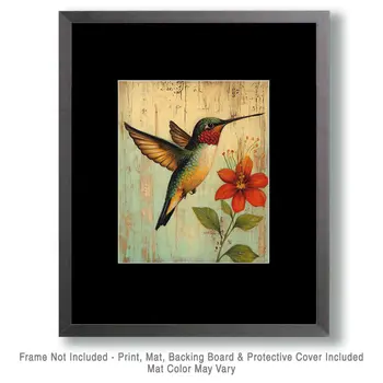 Folk Art Hummingbird - Rustic Farmhouse Decor  8"x10" Artwork for 11"x14" Frame