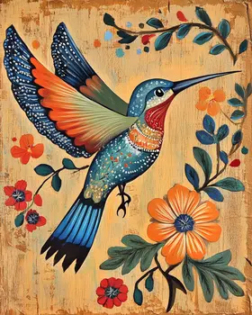 Folk Art Japandi Hummingbird - Rustic Farmhouse Decor  8"x10" Artwork for 11"x14" Frame