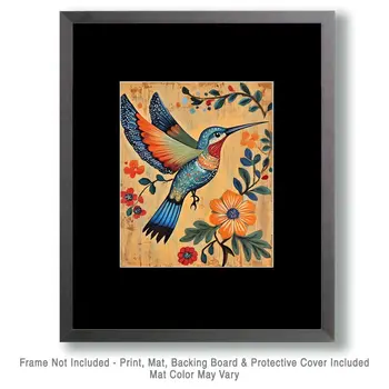 Folk Art Japandi Hummingbird - Rustic Farmhouse Decor  8"x10" Artwork for 11"x14" Frame