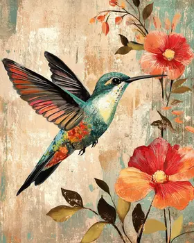 Folk Art Floral Hummingbird - Rustic Farmhouse Decor  8"x10" Artwork for 11"x14" Frame