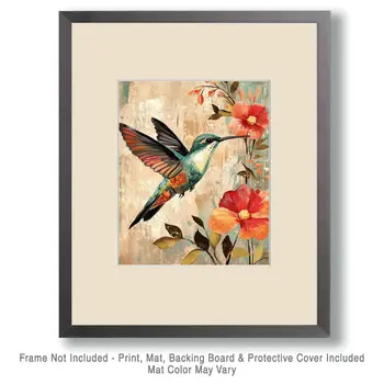 Folk Art Floral Hummingbird - Rustic Farmhouse Decor  8"x10" Artwork for 11"x14" Frame