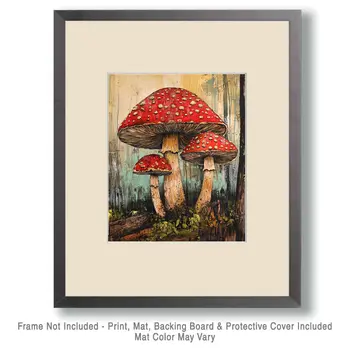 Folk Art Amanita Muscaria Mushroom - Rustic Farmhouse Decor  8"x10" Artwork for 11"x14" Frame
