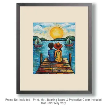 Folk Art Lake Dock Sunset - Rustic Farmhouse Decor  8"x10" Artwork for 11"x14" Frame
