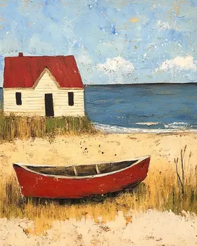 Folk Art House and Boat - Rustic Farmhouse Decor  8"x10" Artwork - 11"x14" Mat