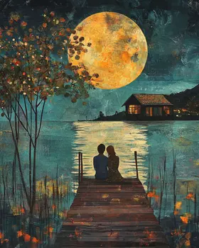 Folk Art Relaxing on The Dock at Night - Rustic Farmhouse Decor  8"x10" Artwork for 11"x14" Frame