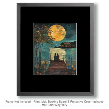 Folk Art Relaxing on The Dock at Night - Rustic Farmhouse Decor  8"x10" Artwork for 11"x14" Frame