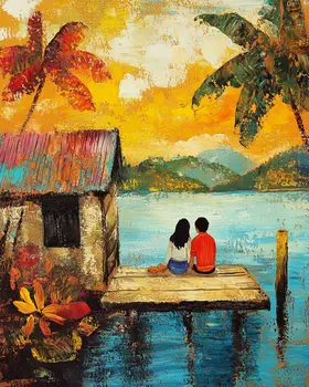 Folk Art Tropical Love - Rustic Farmhouse Decor  8"x10" Artwork for 11"x14" Frame