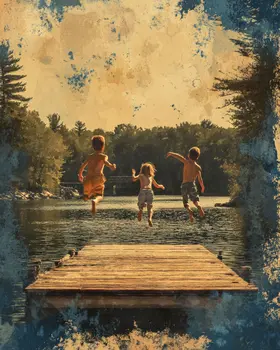 Folk Art Jumping In the Lake - Rustic Farmhouse Decor  8"x10" Artwork for 11"x14" Frame