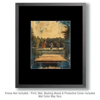 Folk Art Jumping In the Lake - Rustic Farmhouse Decor  8"x10" Artwork for 11"x14" Frame