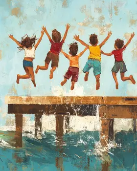 Folk Art 1, 2, 3, Jump In the Lake - Rustic Farmhouse Decor  8"x10" Artwork for 11"x14" Frame