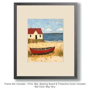 Folk Art House and Boat - Rustic Farmhouse Decor  8"x10" Artwork - 11"x14" Mat