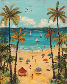 Folk Art Busy Beach - Rustic Farmhouse Decor  8"x10" Artwork for 11"x14" Frame