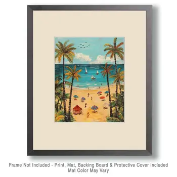 Folk Art Busy Beach - Rustic Farmhouse Decor  8"x10" Artwork for 11"x14" Frame