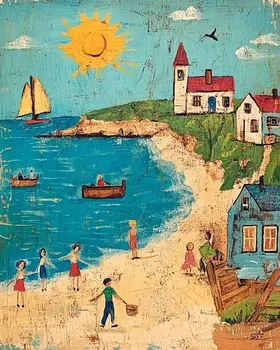 Folk Art Town Beach - Rustic Farmhouse Decor  8"x10" Artwork for 11"x14" Frame