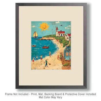 Folk Art Town Beach - Rustic Farmhouse Decor  8"x10" Artwork for 11"x14" Frame