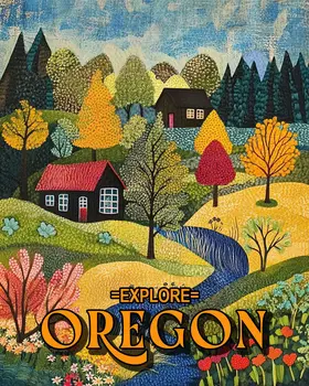Folk Art Countryside - Oregon Souvenir Home Decor Wall Art Prints – 8″x10″ Artwork for 11″x14″ Frame