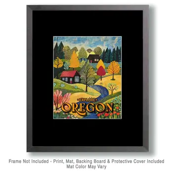 Folk Art Countryside - Oregon Souvenir Home Decor Wall Art Prints – 8″x10″ Artwork for 11″x14″ Frame