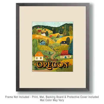 Folk Art Hill Country - Oregon Souvenir Home Decor Wall Art Prints – 8″x10″ Artwork for 11″x14″ Frame