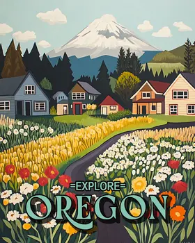 Folk Art Homes - Oregon Souvenir Home Decor Wall Art Prints – 8″x10″ Artwork for 11″x14″ Frame