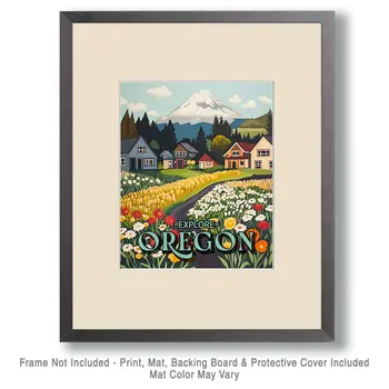 Folk Art Homes - Oregon Souvenir Home Decor Wall Art Prints – 8″x10″ Artwork for 11″x14″ Frame
