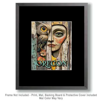 Owl and Face - Oregon Souvenir Home Decor Wall Art Prints – 8″x10″ Artwork for 11″x14″ Frame