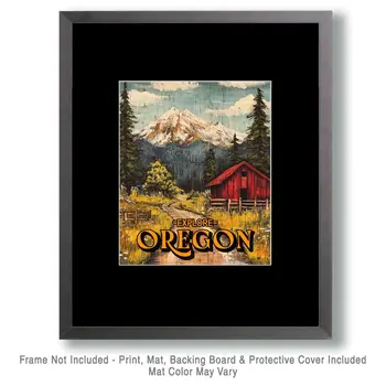 Red Barn - Oregon Souvenir Home Decor Wall Art Prints – 8″x10″ Artwork for 11″x14″ Frame