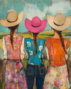 Folk Art Three Cowgirls - Wall Art Print - Coastal Cowgirl Couture - 8"x10" Artwork - 11"x14" Matte