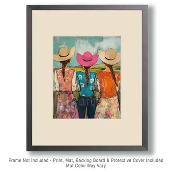 Folk Art Three Cowgirls - Wall Art Print - Coastal Cowgirl Couture - 8"x10" Artwork - 11"x14" Matte
