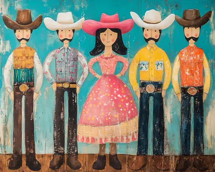 Folk Art Cowboys and Cowgirls - Wall Art Print - Coastal Cowgirl Couture - 8"x10" Artwork - 11"x14" Matte