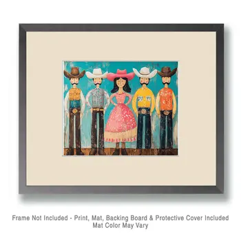 Folk Art Cowboys and Cowgirls - Wall Art Print - Coastal Cowgirl Couture - 8"x10" Artwork - 11"x14" Matte